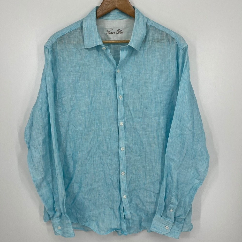 Tasso Elba Mens Large 100% Linen Button Down Shirt Light Blue Long Sleeve